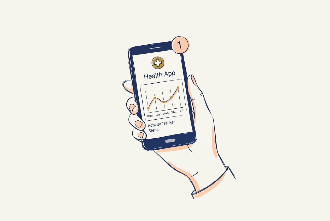 Hand-drawn illustration of a hand holding a phone with a health app
